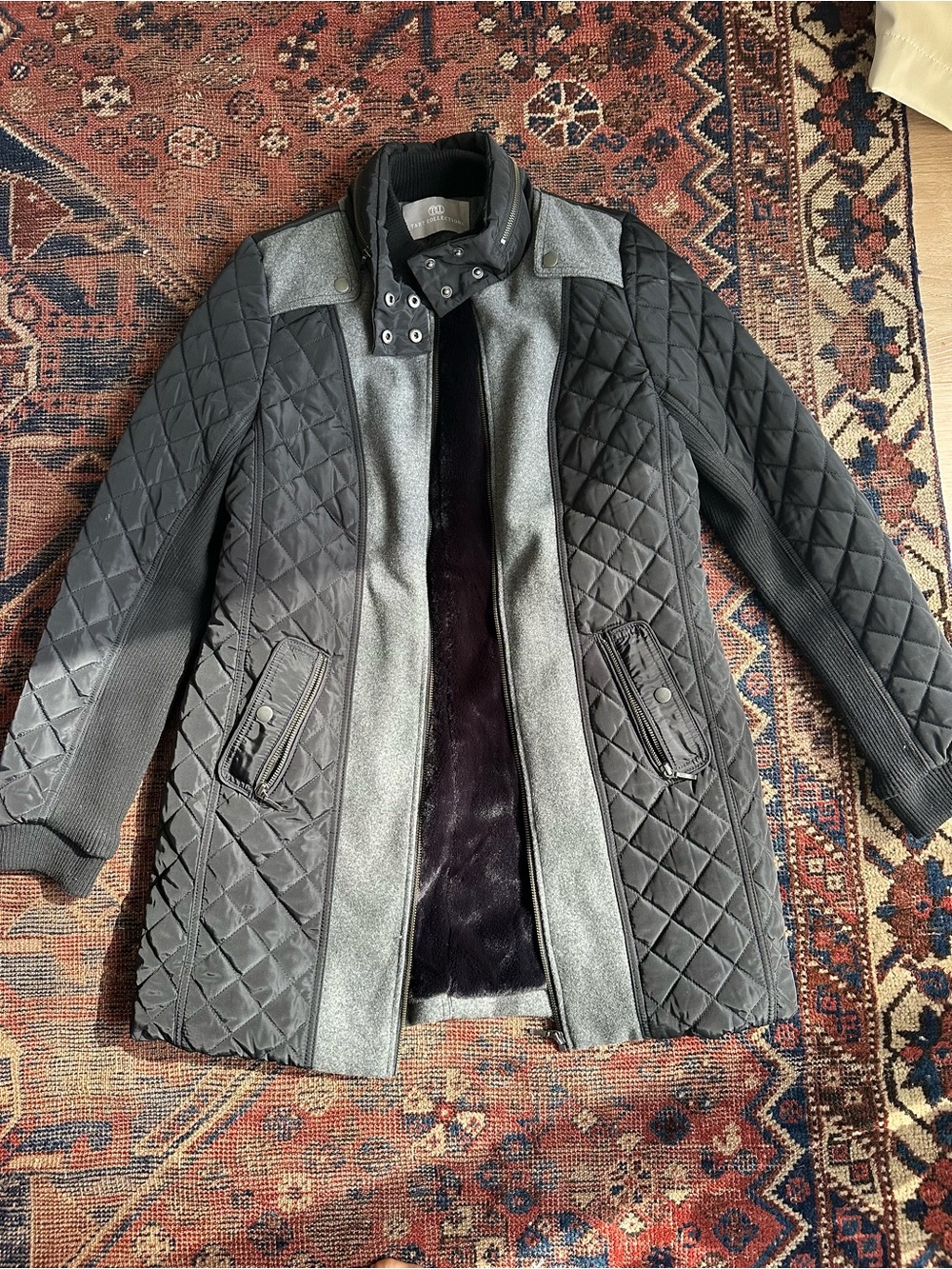 Quilted Black & Gray Men’s Coat with Knit Sleeves